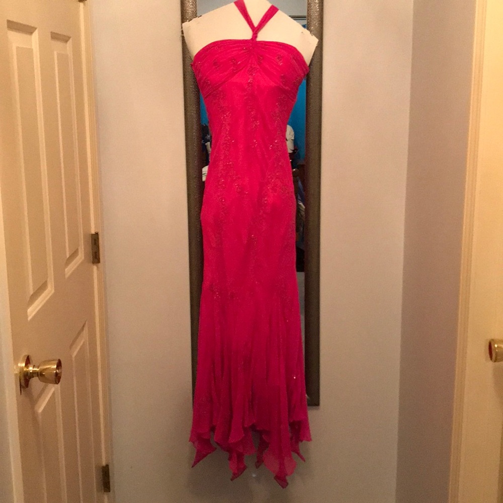 Hot Pink Scala Halter Prom Dress